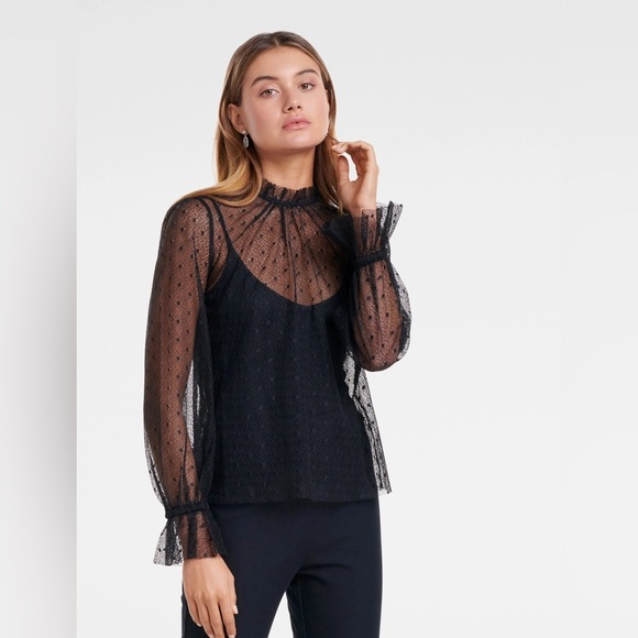 Ever New Tops - EVER NEW black lace high neck sheer long sleeve tulle blouse medium